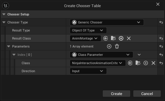 Chooser Table setup: Generic Chooser with Animation Montage result and Criteria input Chooser Table setup: Generic Chooser with Animation Montage result and Criteria input