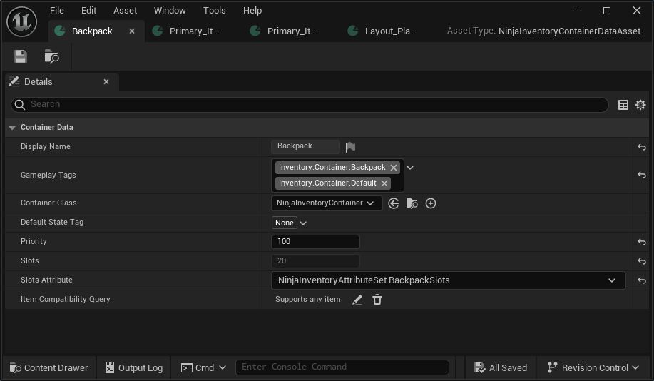 Backpack Container Data Asset